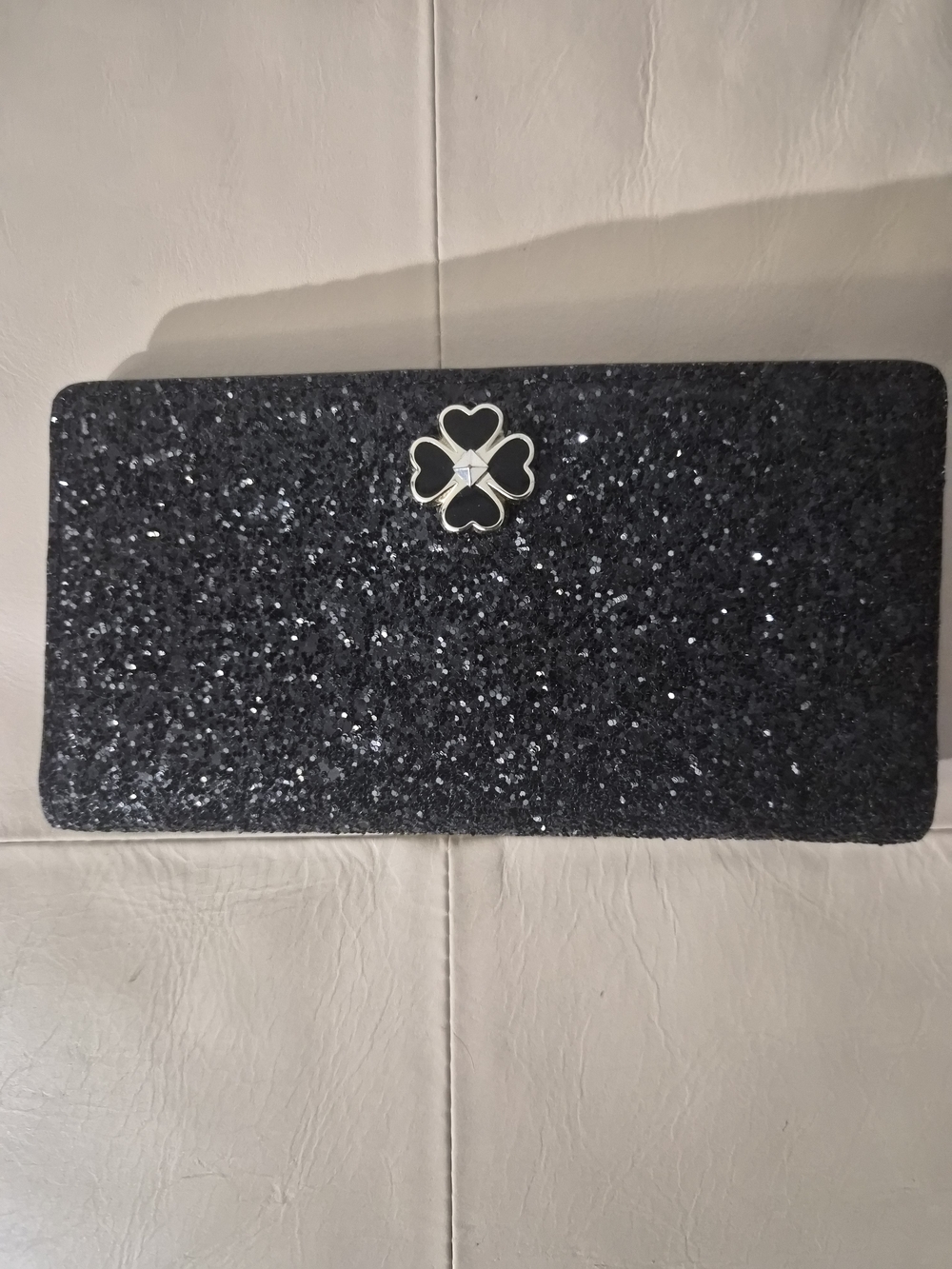 KATE SPADE Black Glitter Convertible Clutch Wallet with Heart Clover Accent